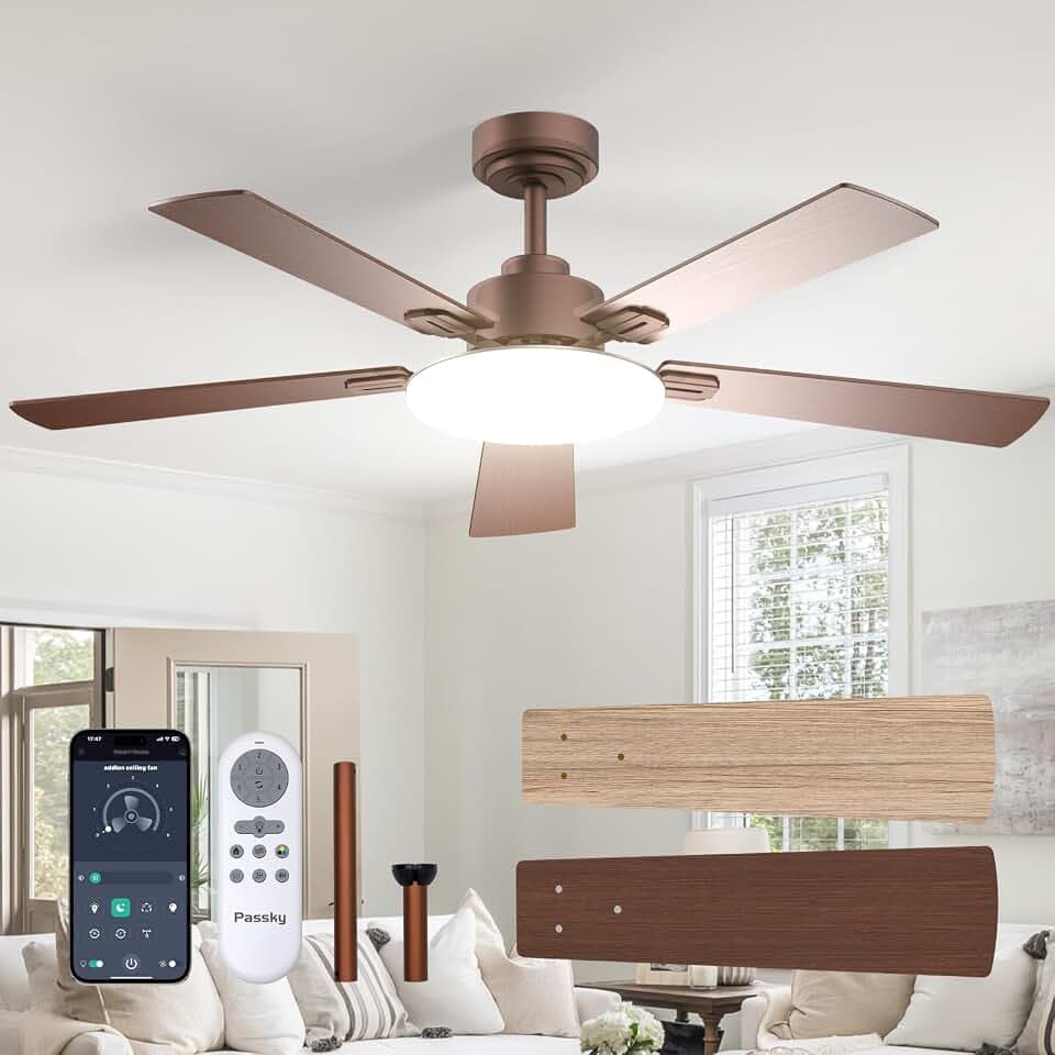 Passky 52 Inch Brown Sleek Ceiling Fans with Lights, Remote Control