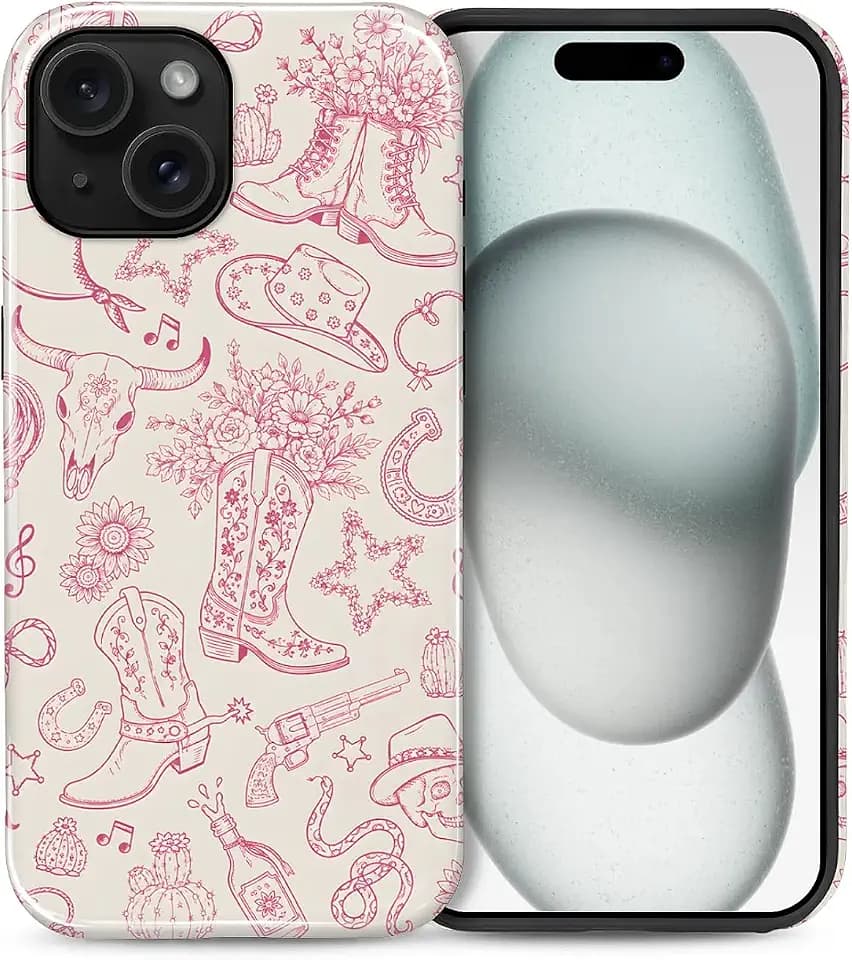Case for iPhone 15, PC Hard Shell & Silicone Inner Bumper, Anti-Scratch Full-Body Cover Shockproof Slim Design -Cute Pink Cowgirl Western Girl