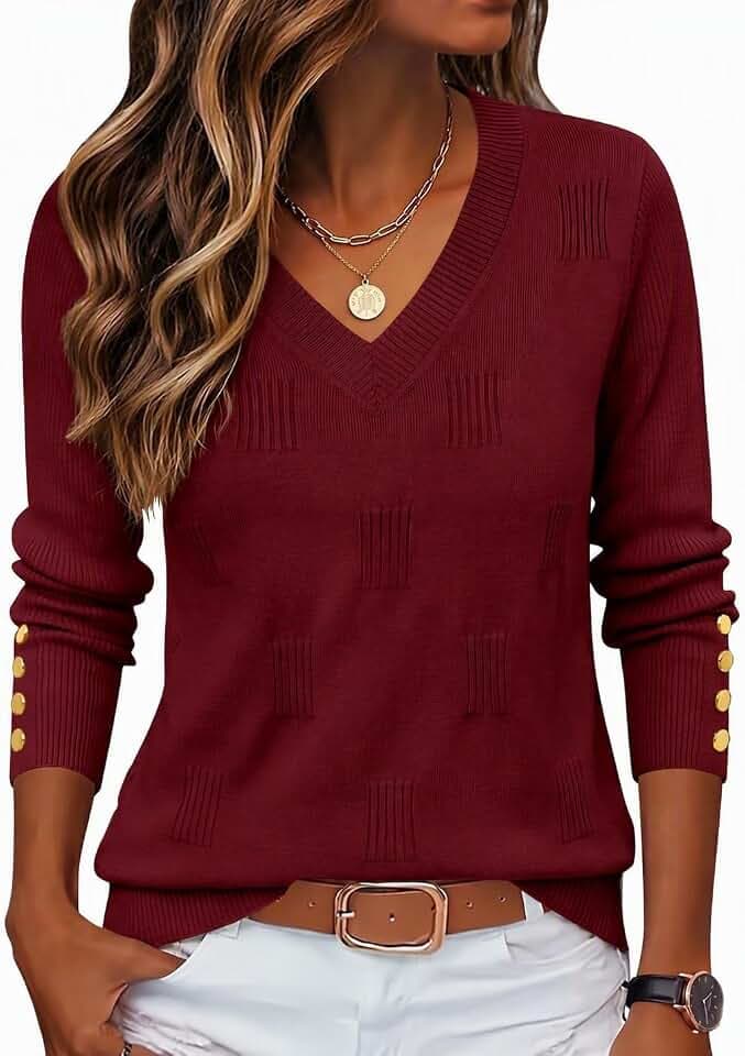 Zeagoo Womens V Neck Sweaters Long Sleeve Lightweight with Buttons Oufits