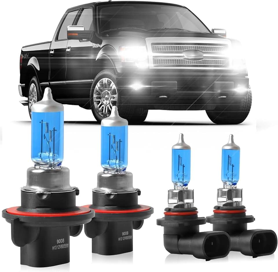 Fit for Ford F150 F250 F350 F450 2004-2010 2011 2012 2013 2014 High Performance Halogen Headlight Bulbs,9008/H13 High Low Dual Beam + 9145/H10 Foglamp Replacement Bulbs Kit,Pack of 4