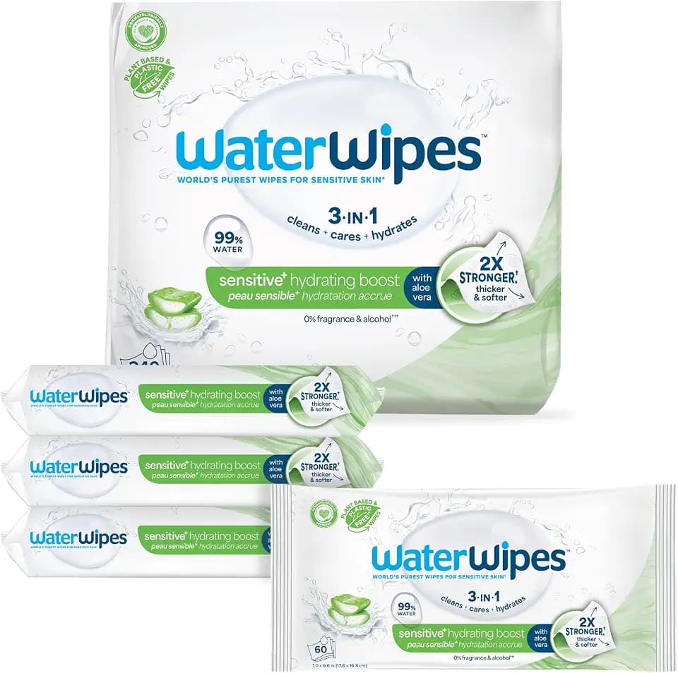 WaterWipes Sensitive+ Hydrating Boost Wipes, 3-In-1 Cleans, Cares, Hydrates, 99% Water with Aloe Vera, Unscented & Hypoallergenic Baby Wipes, 360 Count (6 Packs)