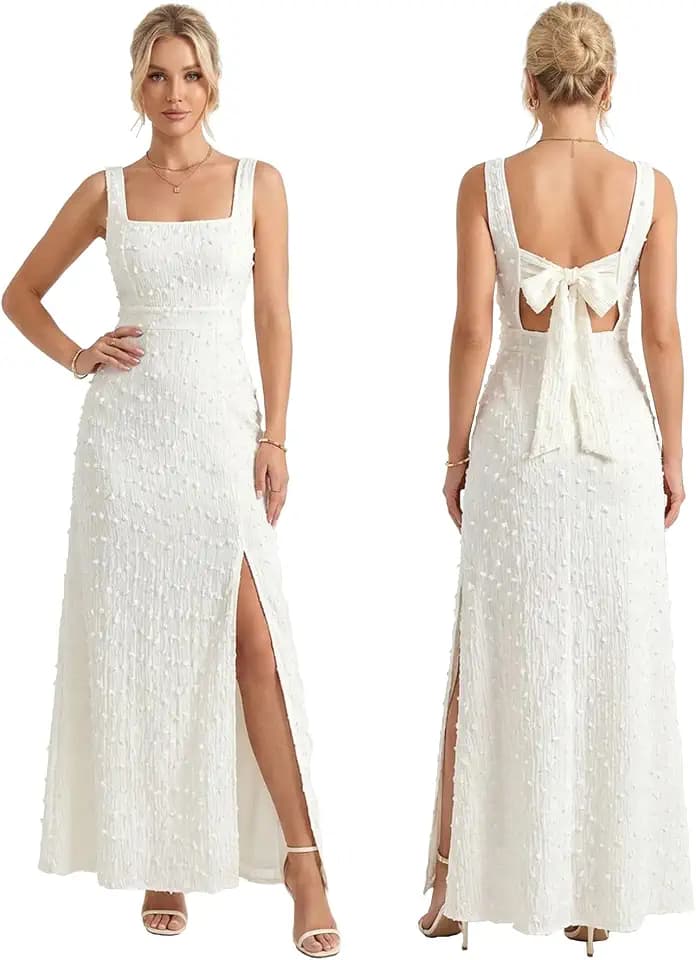 Womens White Maxi Dress Backless Bow Tie Square Neck High Slit Cocktail