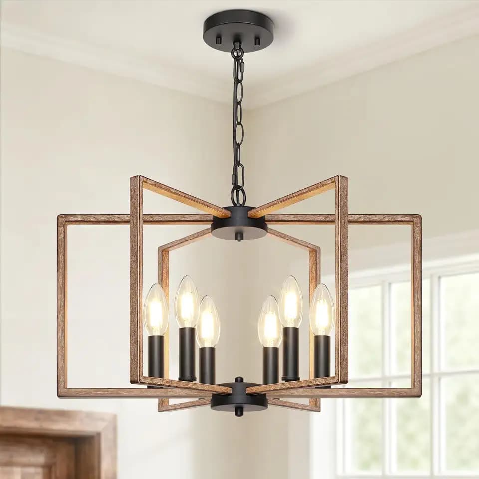 6 Light Rustic Chandelier, Dining Room Light Fixture, Brushed Rustic Wood