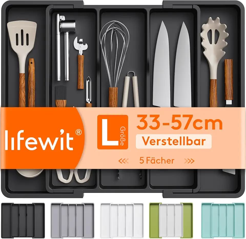 Lifewit Besteckkasten für Schubladen, Großer Utensilienständer Erweiterbar auf 57 cm, verstellbarer Kunststoff Organizer Küche Tiefe 38 cm, Besteckeinsatz für Messer/Gabel, Schwarz