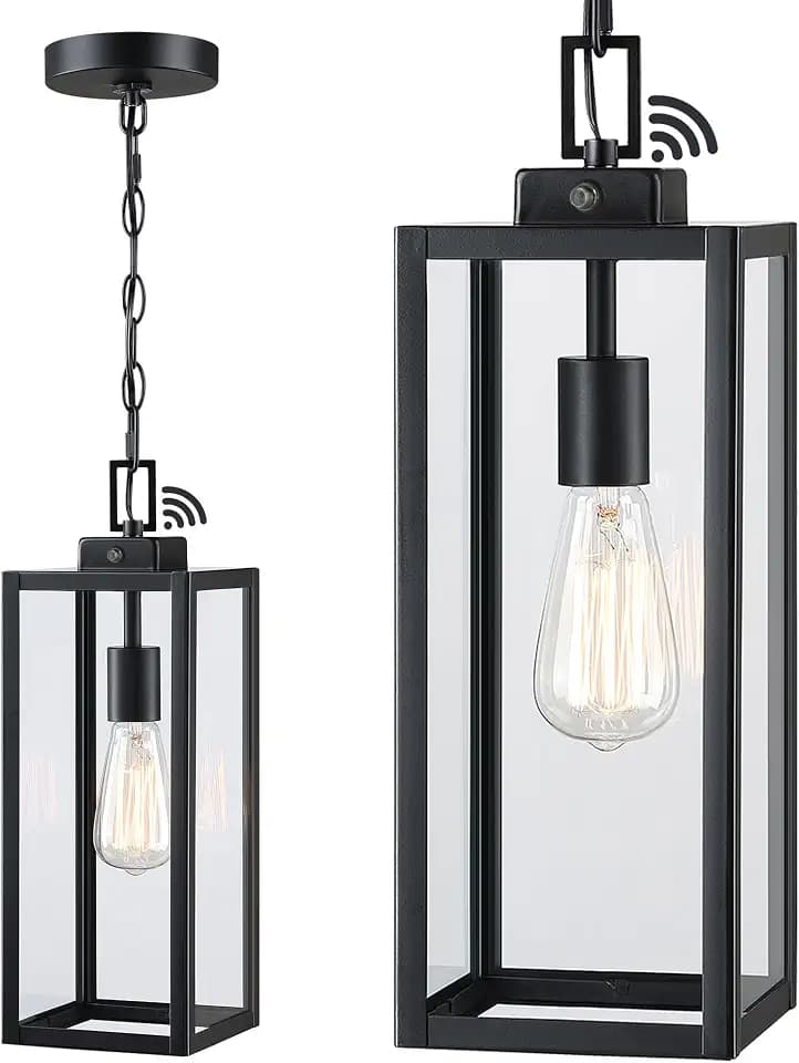 17 Inch Outdoor Pendant Light Dusk to Dawn, Sensor Hanging Light for Porch Entrance Lantern, Metal and Glass Photocell Exterior Hanging Lantern for Front Door Patio Pendant,E26