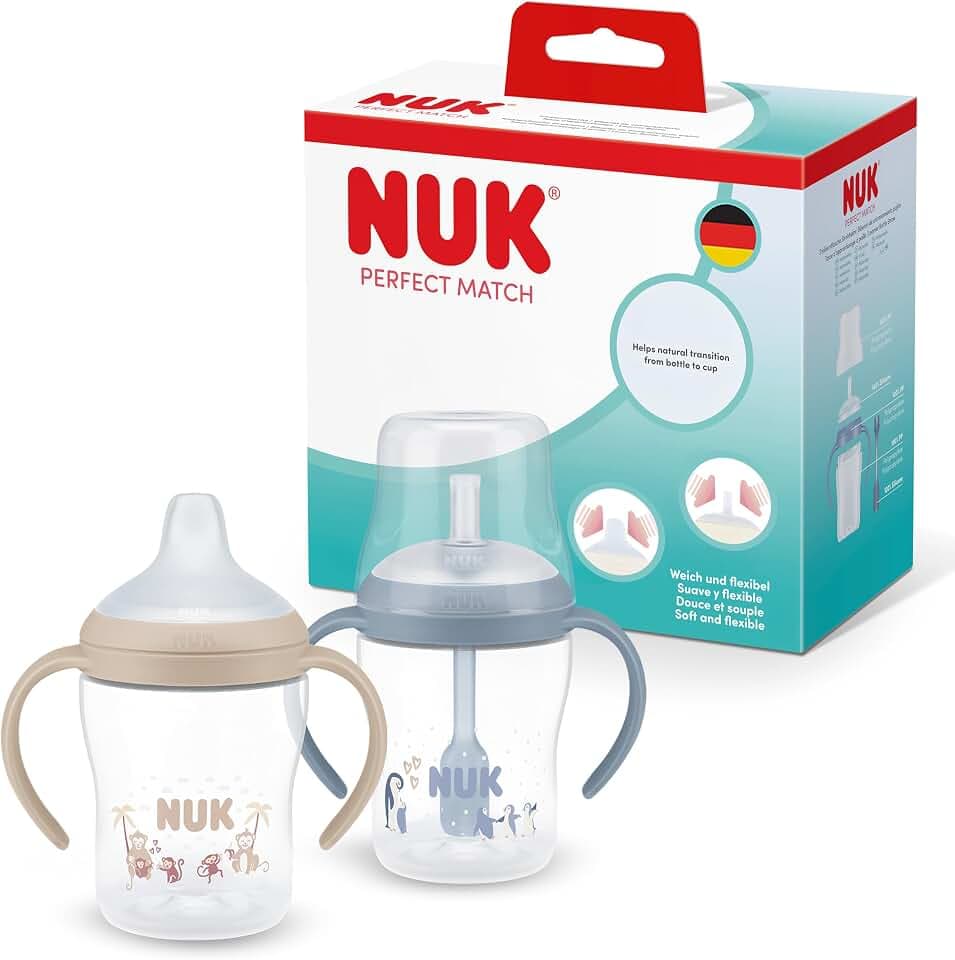 NUK Perfect Match Trinklernflasche mit Strohhalm | 6+ Monate | 150 ml | Auslaufsicherer Baby-Strohhalmbecher | Rutschfeste Griffe | Blau | 2 Stück