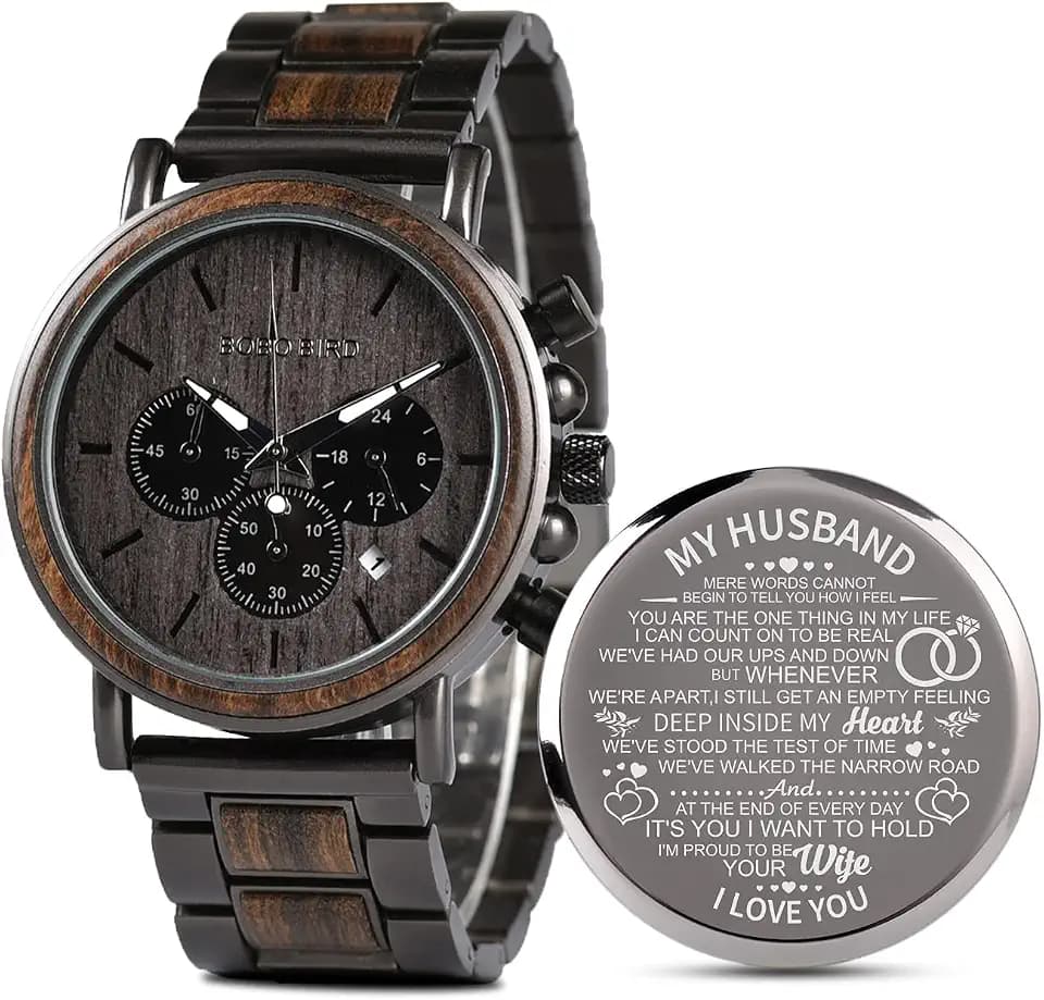 2win Engraved Wooden Watch for Boyfriend My MAN Fiancé Husband Customized Personalized Wood Watches for Men Birthday Anniversary Personalized Watch