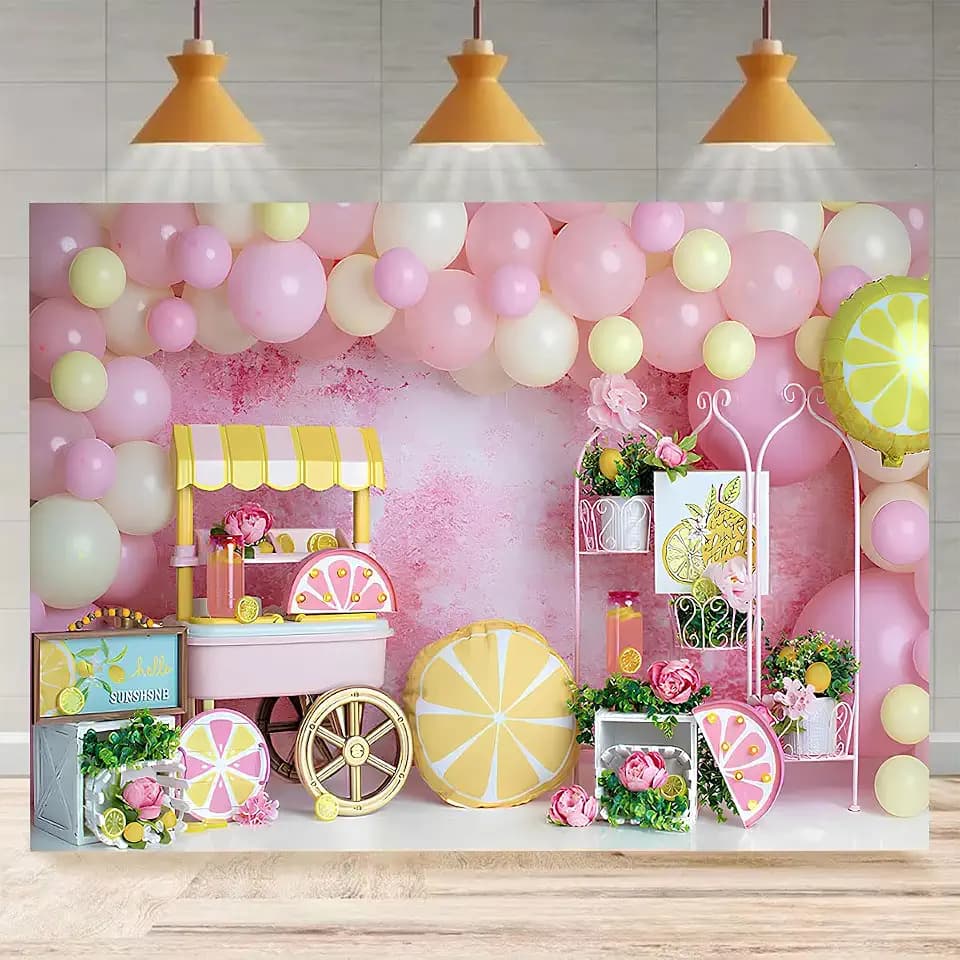 Summer Lemon Shop Photography Background Lemonade Pink Balloons Children's Birthday Party Decoration Background Lemon Bride Baby Shower Backdrop Kid Girl Baby Portrait Backdrop (7X5FT)