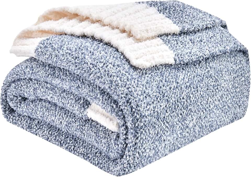 CozeCube Reversible Knitted Throw Blanket, Dusty Blue White Melange 50"x60"