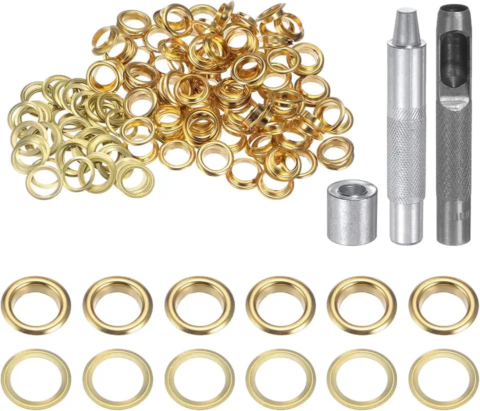 QUARKZMAN Grommet Werkzeug Kit, 100 Pcs 10mm Ösen mit 2 Ösenzange & 1 Scheiben Set, Metallösen Kupfer Tülle Stanzwerkzeug für Stoff Planen Leder Gewebe Vorhang Poolabdeckung, Gold