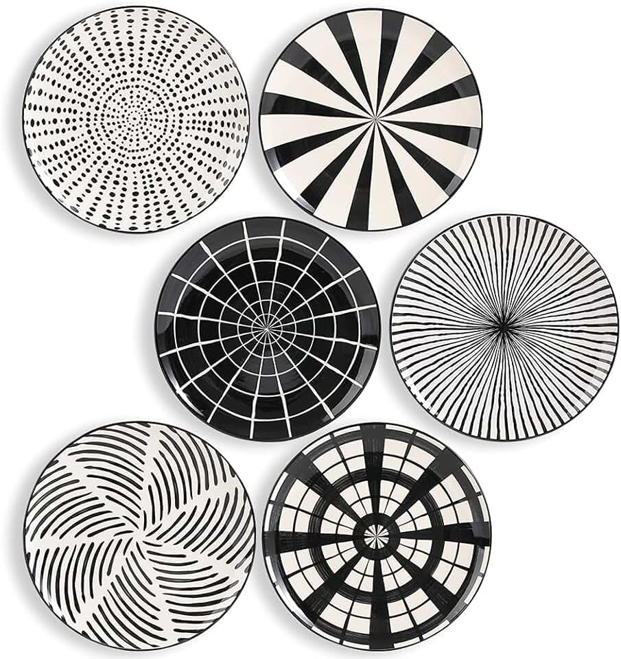 AHX Teller Set Modern - Dessertteller Frühstücksteller- Flache Kuchenteller Salatteller 6er Set - Porzellan Teller Schwarz 20.3 cm