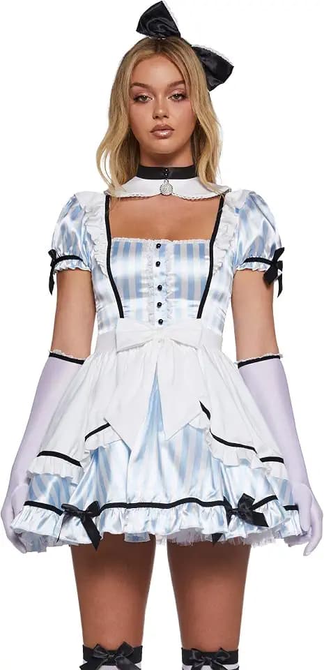 Dolls Kill Wonderland Girl Premium Costume by Trickz N' Treatz – Women's Dress with Apron, Gloves & Bow Headband