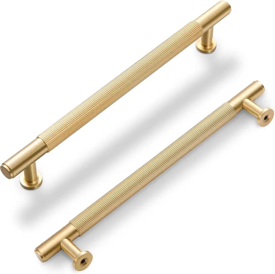 SALISENG- Solid Brass Kitchen Cabinet Pulls, 5 Pack Brushed Gold Drawer Handles, 6-3/10 Inches Hole Distance,Modern Furniture Hardware Door Handles for Closet Cupboard Wardrobe(Arina)