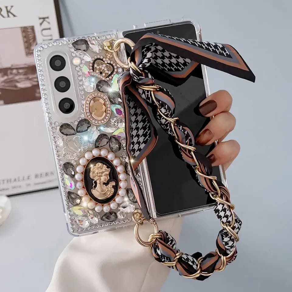 Omio for Galaxy Z Fold 6 Bling Case with Hand Chain Wrist Strap Bracelet Silk Scarf for Girls Women Sparkle Rhinestone Pearl Crystal Glitter Diamond Shockproof Cover for Galaxy Z Fold 6 Black