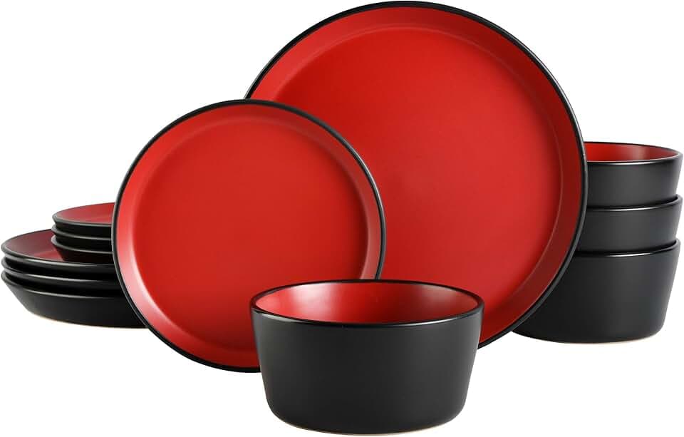Gibson Home Sofia Coupe Stoneware Dinnerware Set, Service for 4 (12pcs), Matte Red