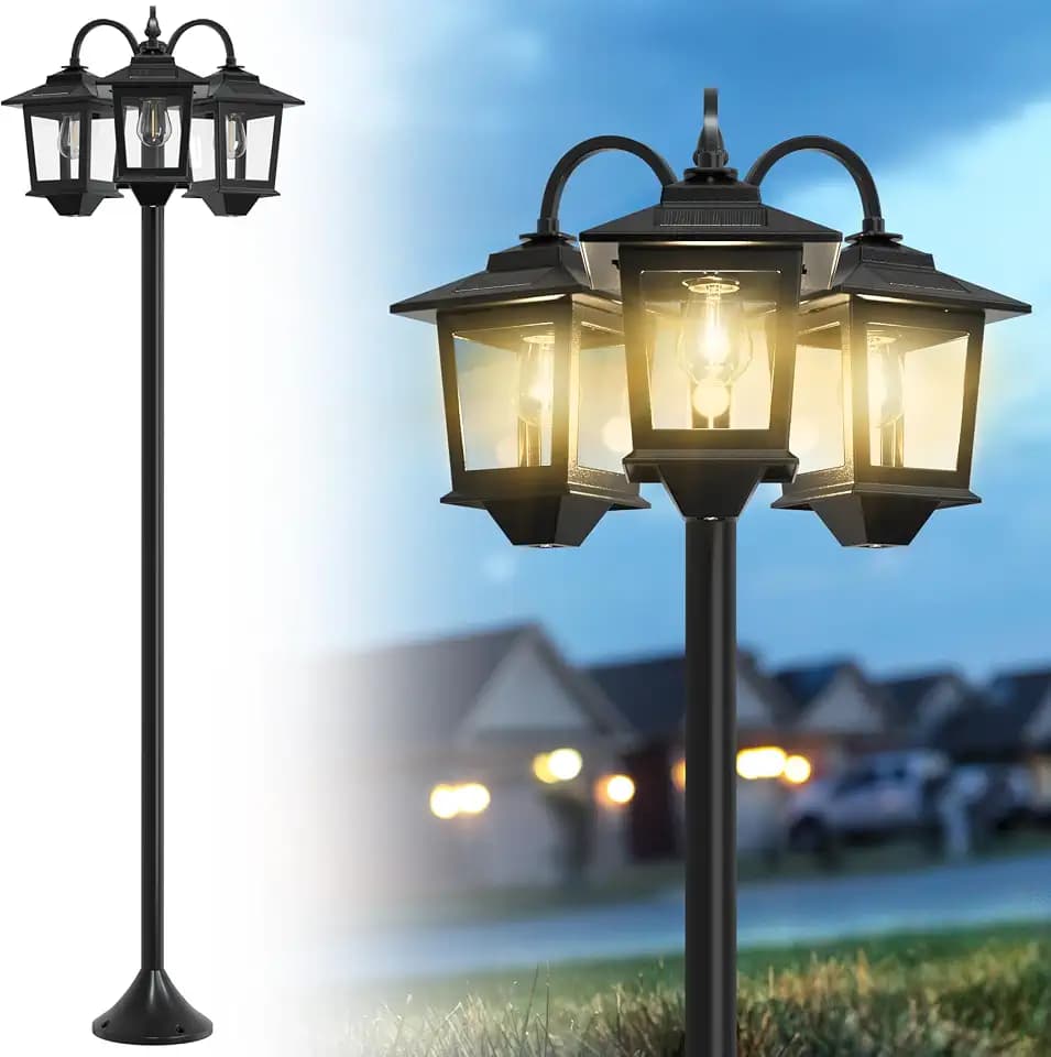 73" Aluminum Solar Lamp Post Light, 3-Head Solar Light Post
