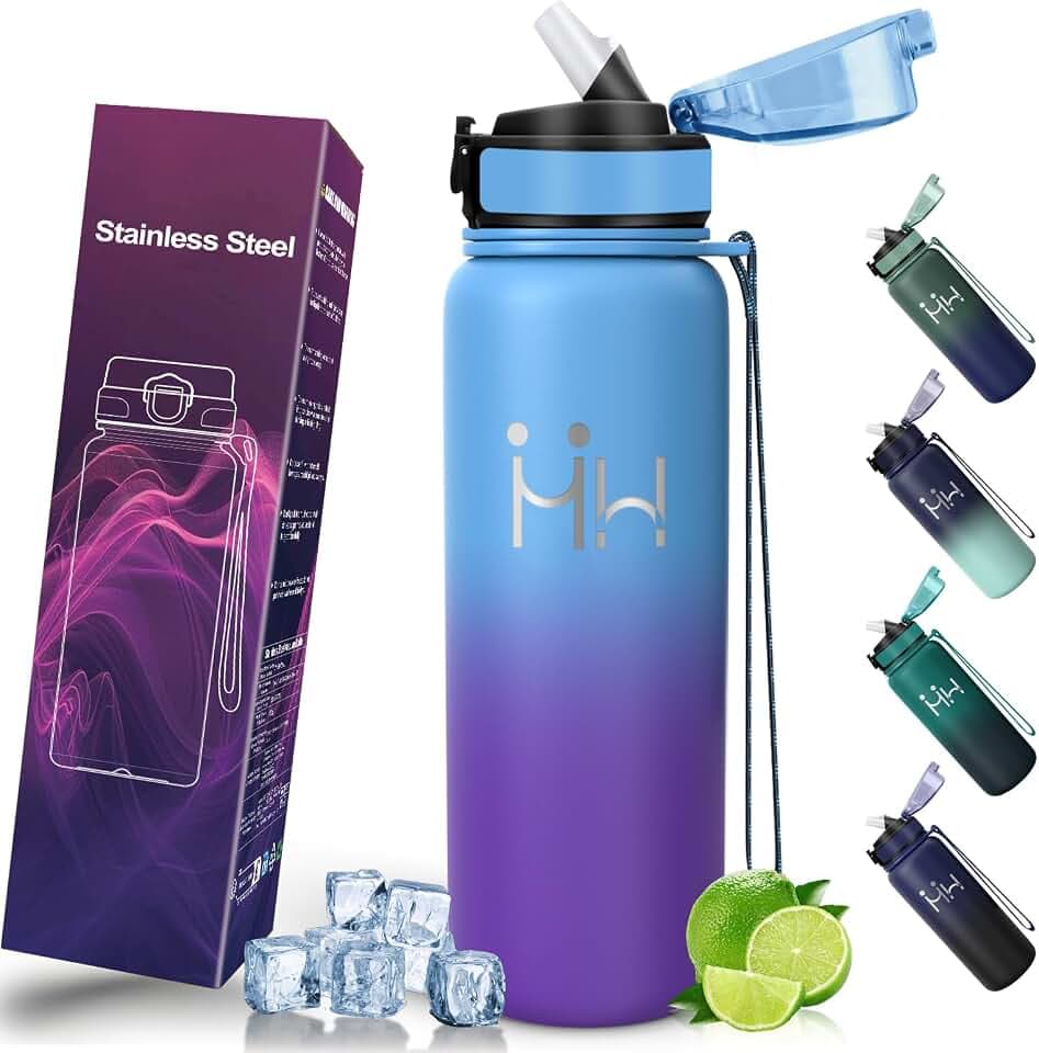 Motswedi Trinkflasche Edelstahl 750ml, mit Strohhalm, Thermosflasche, Doppelwandige Insulated, Isolierflasche, Wasserflasche Edelstahl, für Schule, Büro, Gym, Fahrrad, Himmelblau&Violett
