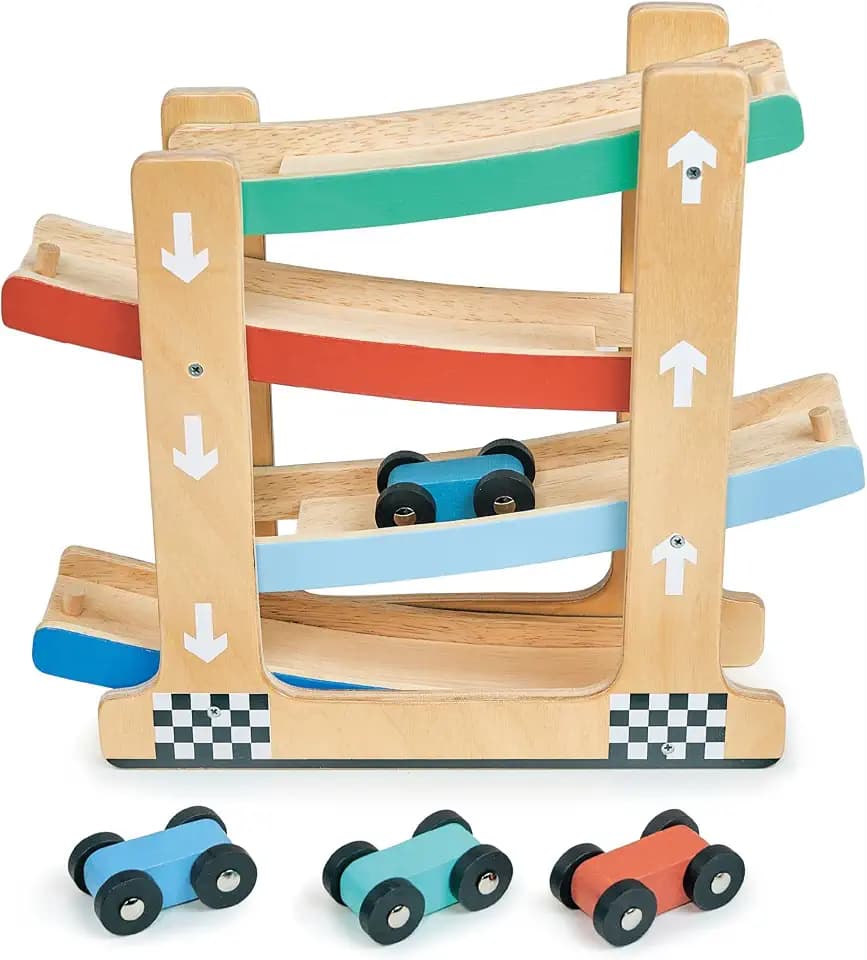 Mentari Toys - Wooden Ramp Racer Toy - 4 Colorful Flip Cars on Mult-Level Wooden Track - High Speed Action for Fun and Skill Building - Boost Hand-Eye Coordination and Motor Skills - Age 18m+