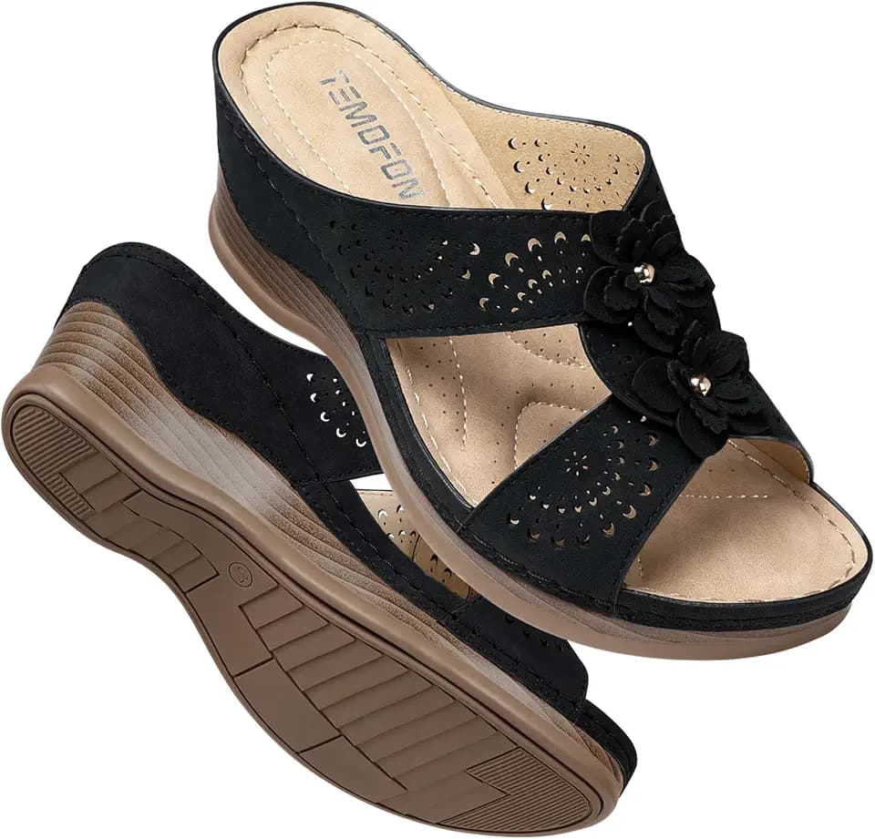 TEMOFON Womens Wedge Sandals Leather: Comfortable Walking Shoes Summer