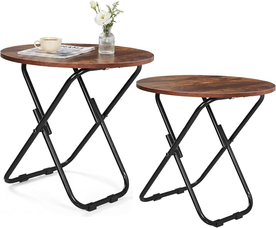 VECELO Patio Outdoor Side Table Set of 2,17.7 inch Small Folding Table Round Waterproof Wood Table,Foldable Anti-Rust Metal Legs Snack Desk for Garden Balcony,Yard,Living Room