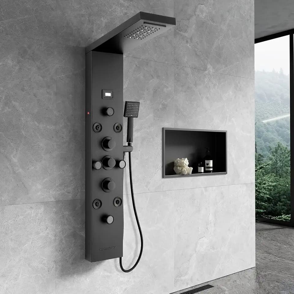 Duschpaneel Led Schwarz Ganz, KEOKBON 6 in 1 Duschsystem Duschpaneele aus Rostfreiem Edelstahl mit LCD Temperaturanzeige, Wasserfall & Regendusche 8 Massagedusche Handbrause Wanneneinlauf