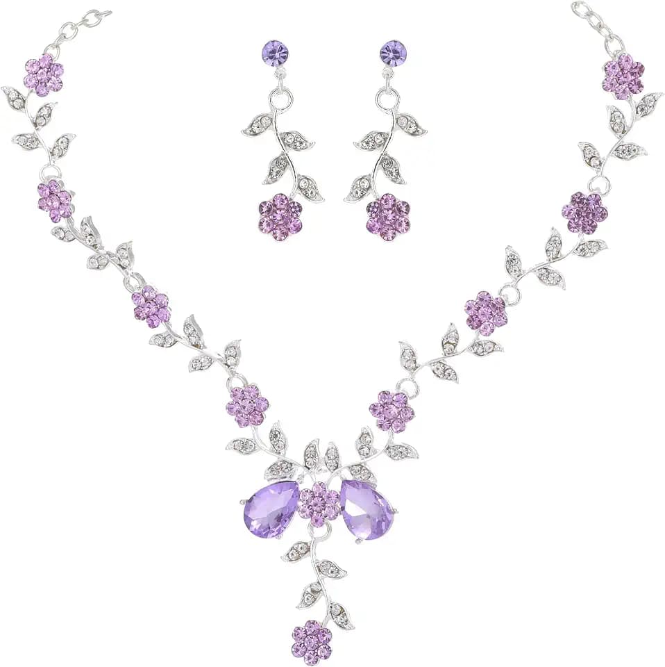 Kamirola Women's Wedding Jewelry Leaf Cluster Flower Crystal Dangle Earrings Pendant Necklace Set for BridalCrystal Bridal Jewelry Set