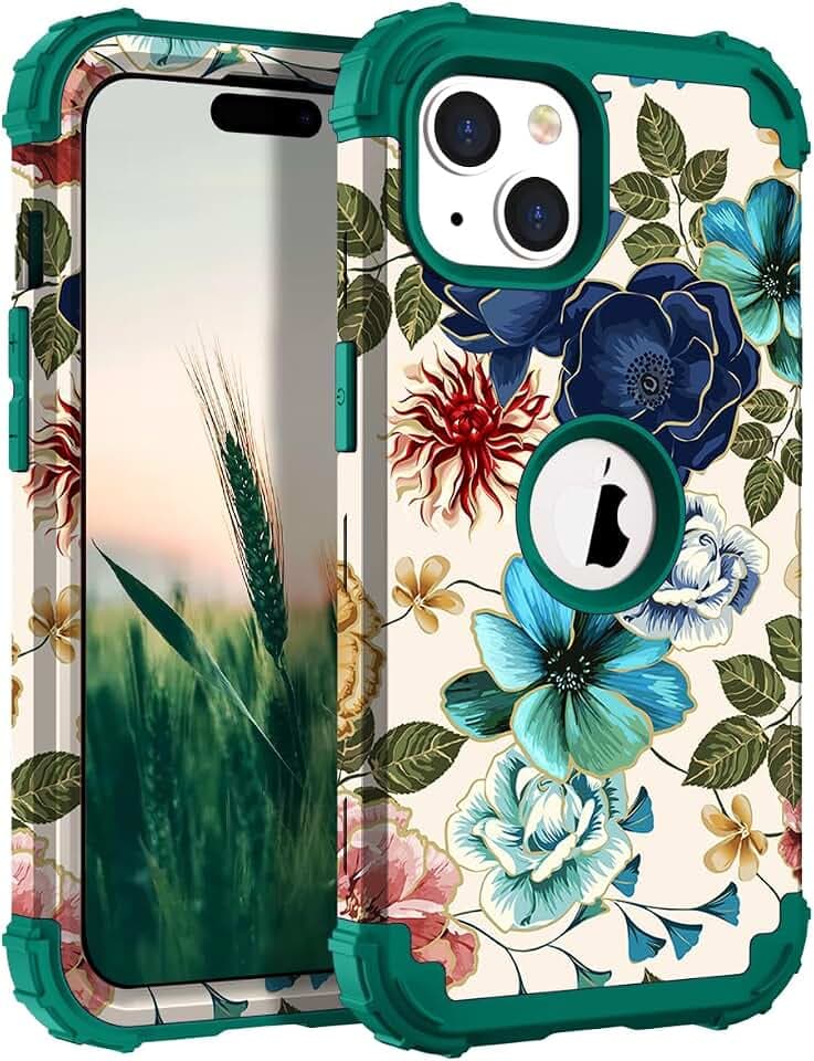 Hocase Heavy Duty Case for iPhone 15 6.1"", Teal Flowers
