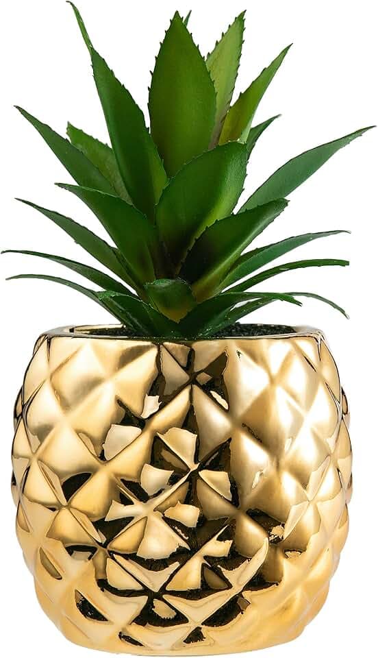 Künstliche Sukkulenten-Pflanze im Topf, 19,8 cm hoch. Porzellantopf in Ananasform, Home & Garden Dekoration gold