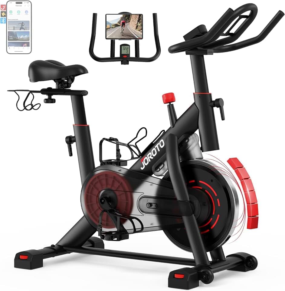 JOROTO Heimtrainer Fahrrad mit App & Bluetooth, leiser Magnetwiderstand | Indoor Cycling Bike mit bis 150kg, Hantelständer & Flaschenhalter, LCD-Display, Fitnessbike für Zuhause