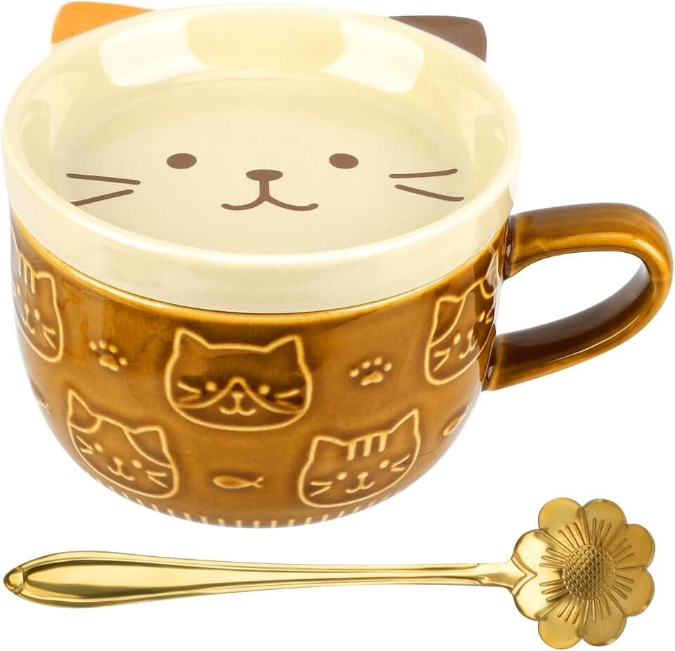 Katze Tassen, 300ml Keramik Katze Kaffeetassen Teetassen mit Deckel Löffel, Lustig Personalisiert Kaffeebecher Geschenk für Frauen Mädchen Kinder Katzenliebhaber Weihnachten Geburtstagsgeschenk