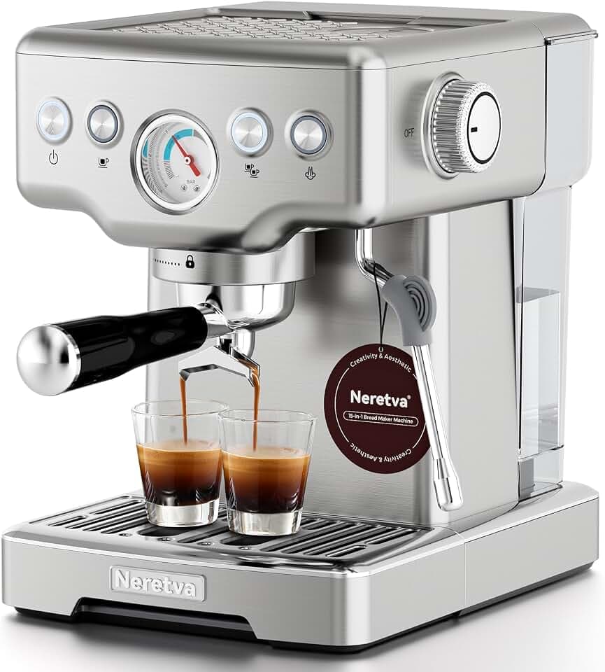 Neretva Siebträgermaschine, Edelstahl Espressomaschine 15 Bar Professionellem Siebträger Kaffeemaschine mit Leistungsstarker Milchaufschäumer, Sichtbares Manometer, 1,8L-Tank, inkl. Barista-Kit