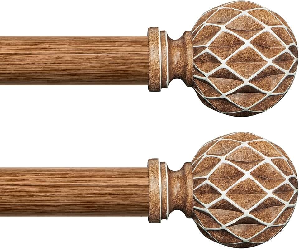 TKZTKZ Wood Curtain Rods for Windows 32 to 45:Boho Wooden Curtain Rod for Bedroom Livingroom Farmhouse 1 Inch Heavy Duty Adjustable Curtain Rod 2 Pack with Decorative Imitation Wood Grain Easy Install