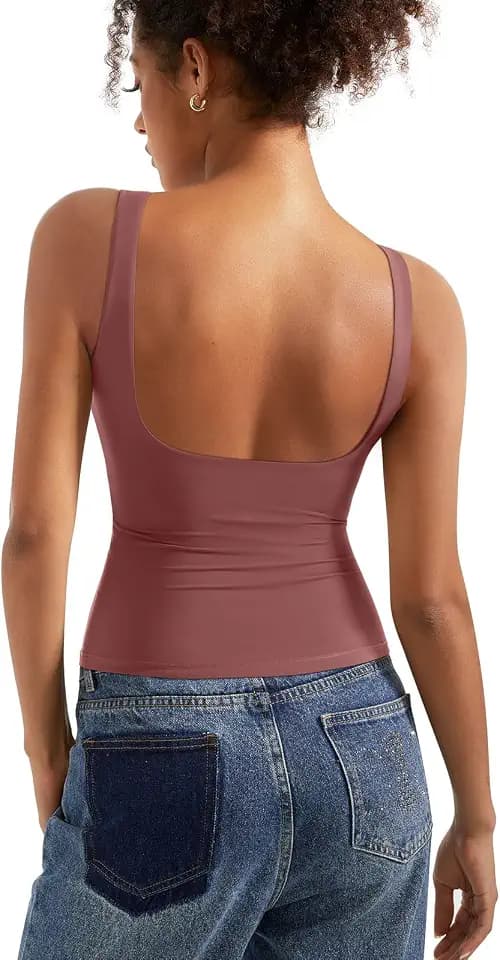 SUUKSESS Women Padded Open Back Boat Neck Tank Top Double Lined Basic Shirt