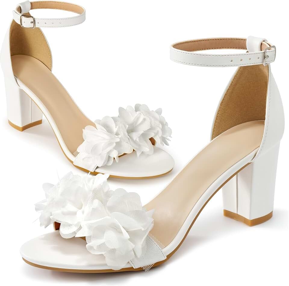 Reimferce Comfortable Block Heels for Women: 3-inch Stable Heel & Elegant Flower for Confidence Walking on Wedding - Soft Cushioned Insole & Adjustable Ankle Strap for Bride & Bridesmaids