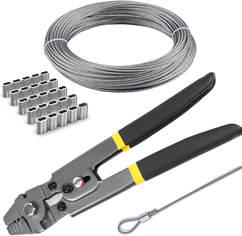 Stainless Steel Wire Cable Crimping Tool Kit, Cutter &Crimper Plier, 100FT 304 Wire Rope, 100pcs Aluminum Sleeves Stops Complete Kit (1/32'' Stainless Steel Cable Kit)