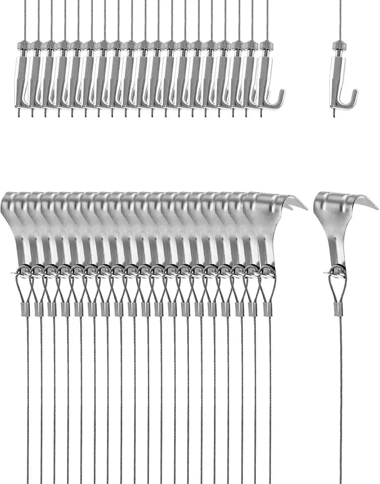 QWORK® Bilderaufhängung Draht für Spiegel Bilderrahmen Bilder, 2 m x Ø1.5 mm Drahtseil mit Verstellbarem Haken und Formenhaken, Tragkraft 40 KG, 20 Stück