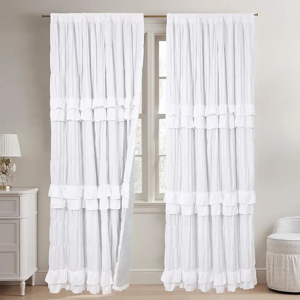 White Ruffle Blackout Curtains for Girls Bedroom 63 inches Length 2 Panels