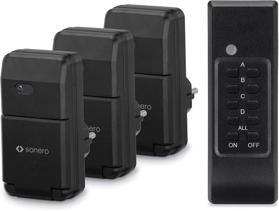 Sonero Funksteckdosen Set: 3X Funksteckdose und 1x Funkfernbedienung, 1100 Watt, max. 30m Reichweite, Outdoor, IP 44, schwarz, S-RCS303