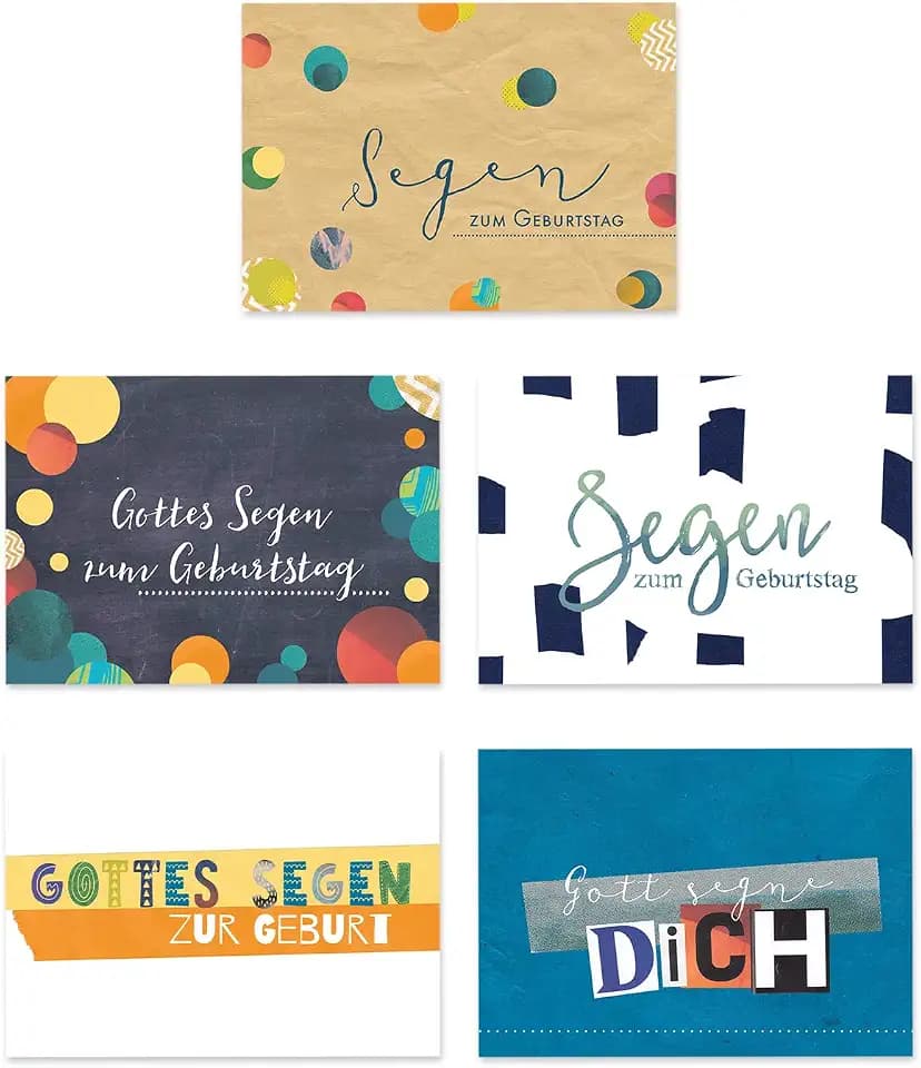 Faltkarten-Set rechteckig - Collage mit 5 Faltkarten mit christlichen Sprüchen, Segenswünsche oder Bibelverse inkl. Umschläge Thema Geburtstag und Geburt