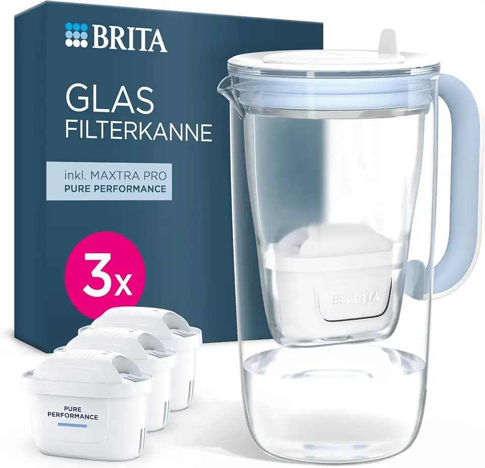 BRITA Wasserfilter Kanne Glas blau, 3 MAXTRA PRO Pure Performance Kartusche
