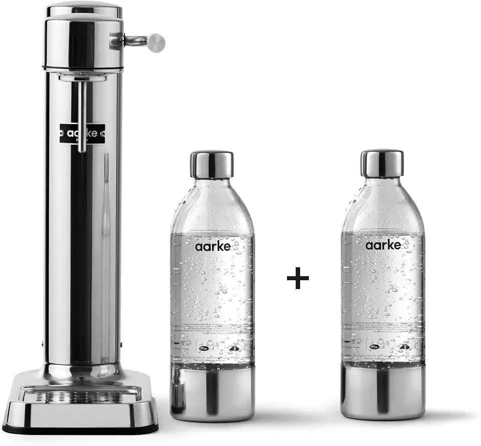 Aarke Carbonator 3, Wassersprudler, Edelstahl-Finish, 2 x BPA-freie 1L PET-Flasche, kompatibel mit 60L CO2