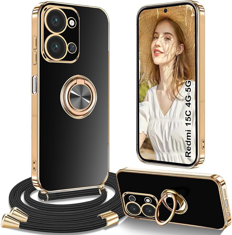 Handykette für Xiaomi Redmi 15C 4G/5G Hülle mit Band, Hülle für Redmi 15C 4G/5G mit Kette Ständer Stoßfeste Schutzhülle mit Band, Schwarz