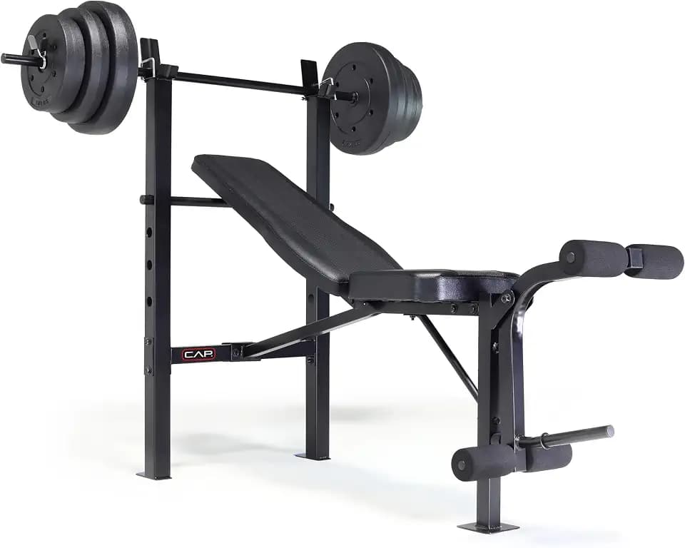 CAP Barbell Standard Weight Bench with Leg Developer and a 100 LB Vinyl Weight Set – Adjustable Backrest, Barbell, and Cement Plates for Home Gym