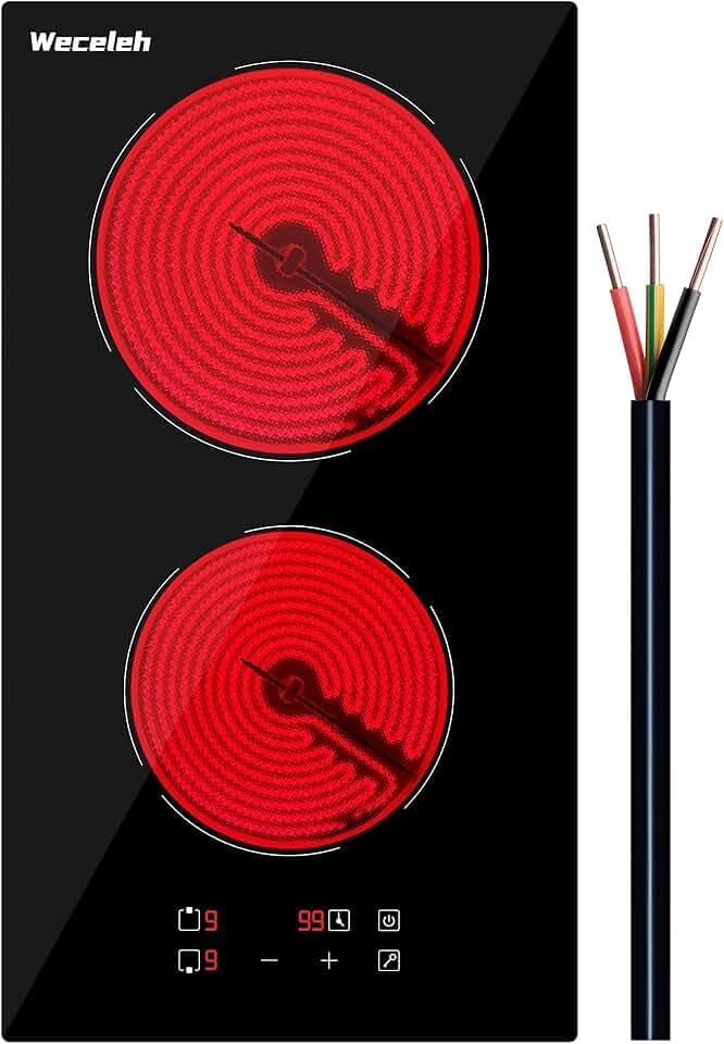 2 burner Electric Cooktop, 12 Inch Built-in Electric Stove Top 3000W, Ceramic cooktop with two Burners 220-240V(No Plug), Child Lock, Timer, 9 Heating Levels, Sensor Touch Control