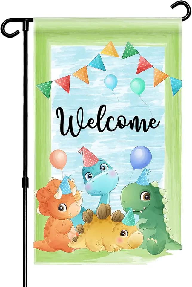 Dinosaur Welcome Garden Flag - Welocm Home Party Door Sign - Kid Birthday Yard Lawn Sign - Cute Dinosaur Party Garden Indoor Outdoor Decoration Supplies - Double Sided 12" x 20" (Dinosaur)