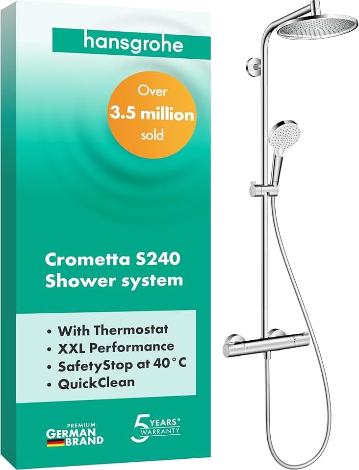 hansgrohe Crometta S - Duschsystem mit Thermostat, Regendusche (240 mm) mit Armatur, Handbrause (2 Strahlarten), Schlauch, Brausestange und Kopfbrause (1 Strahlart), Chrom, 27267000