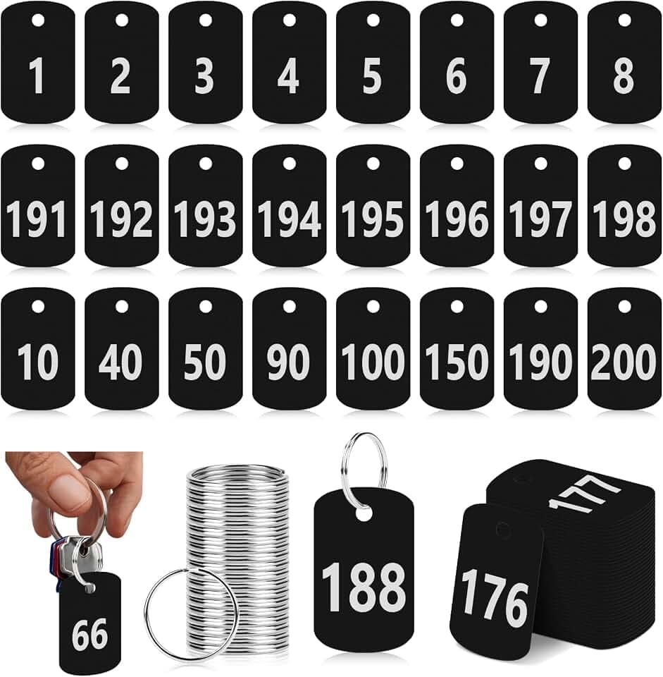 200 PCS Plastic Number Tags with Rings 1-200 Black Number ID Tags Waterproof Key Ring Tags Number Keychains Rectangular Luggage Tags with Numbers for House Lockers Dormitory Keys