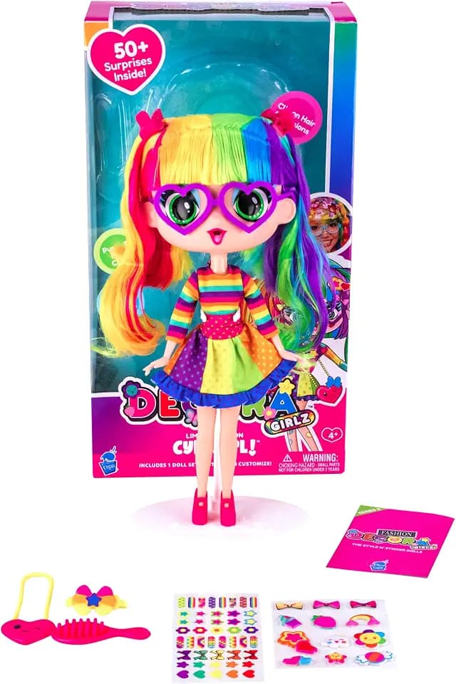 Decora Fashion Girlz Doll – Limited Edition Cybr.GRL11” Poseable Fashion Doll with Clip-On Hair Extensions, 50+ Surprises, Removable Stickers, Fabric Outfit & Accessories, Collectible for Girls 4–9