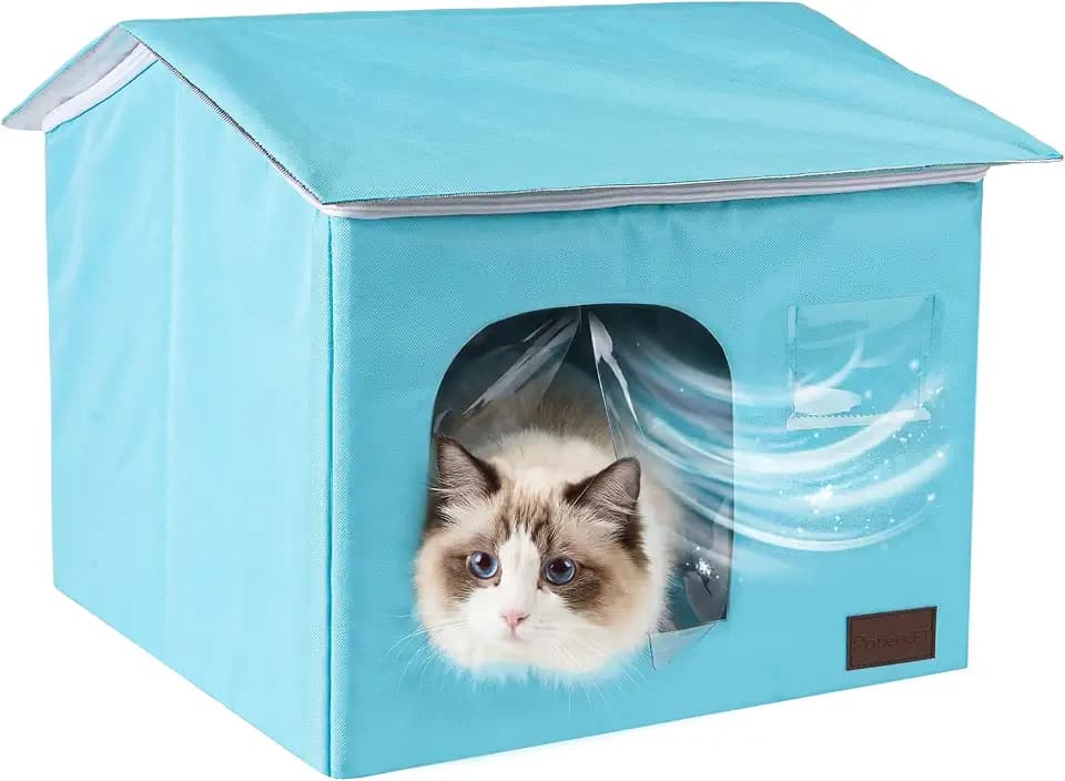 PatiencET Cat Cooling House for 1 Cat, Indoor Cooling Cat House for Summer, Blue Cat Hideaway Bed with Side Ice Packs, Insulated Foil Lining
