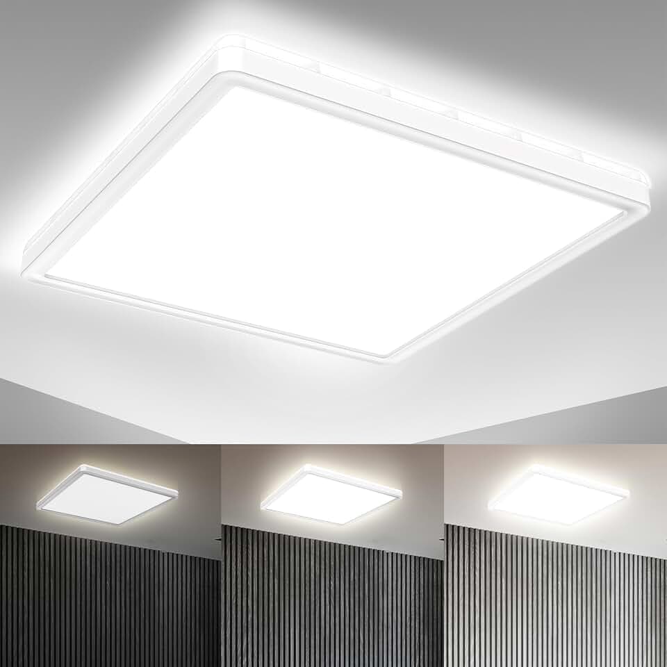B.K.Licht - LED Deckenlampe mit indirektem Licht, ultraflach, in Stufen dimmbar, LED Panel, Deckenleuchte, Lampe, Wohnzimmerlampe, Schlafzimmerlampe, Küchenlampe, 29,3x29,3x2,8, Weiß
